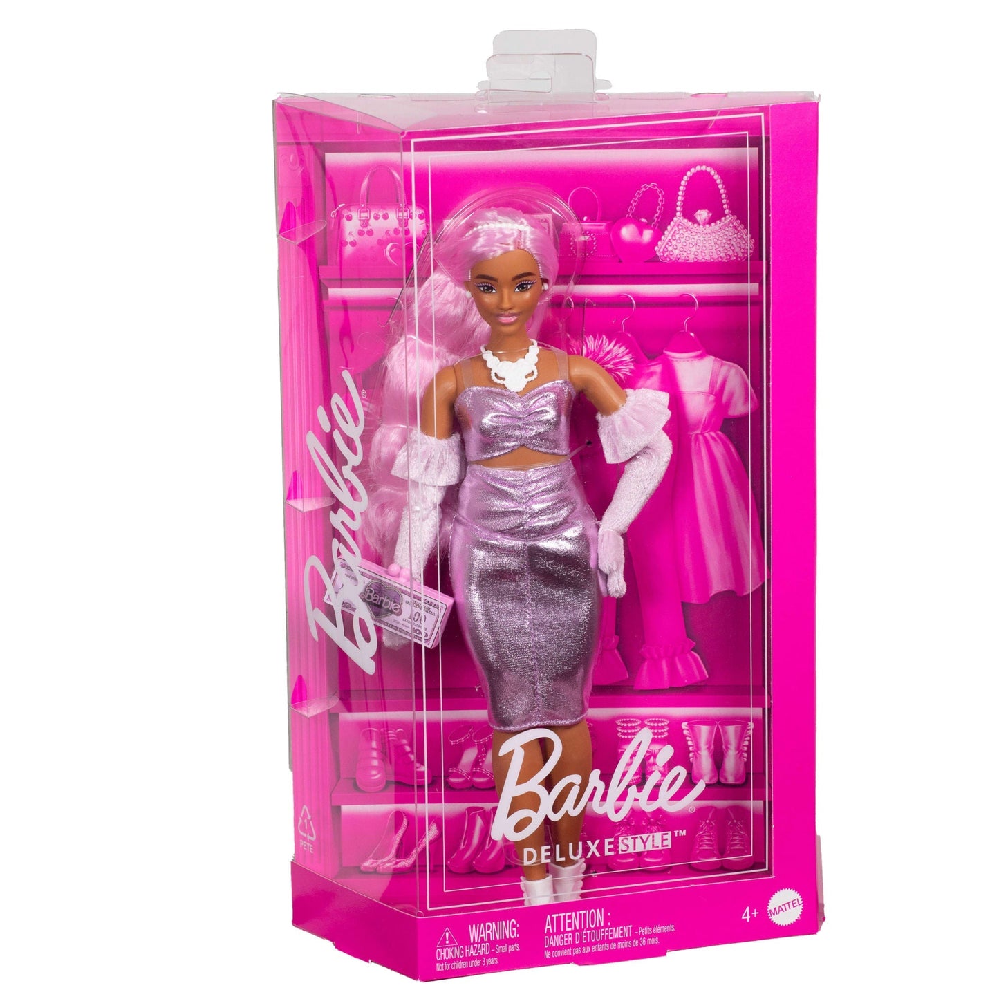 Barbie Deluxe Style Doll #1 in Glossy Pink Barbiecore Dress With Velvet Gloves, Pink Hair