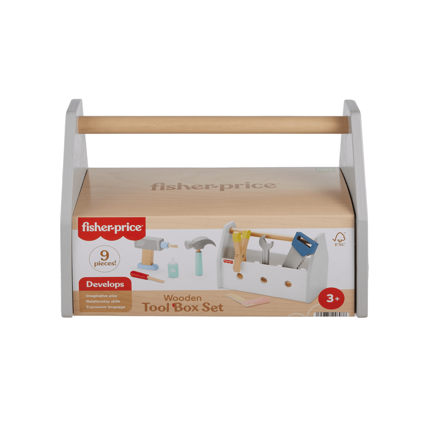Fisher-Price Wooden Tool Box Set For Preschool Pretend Play, 9 Wood Pieces